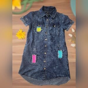 Girls Soft Denim Distressed Dress With Multicolor Sequin Sz 10-12